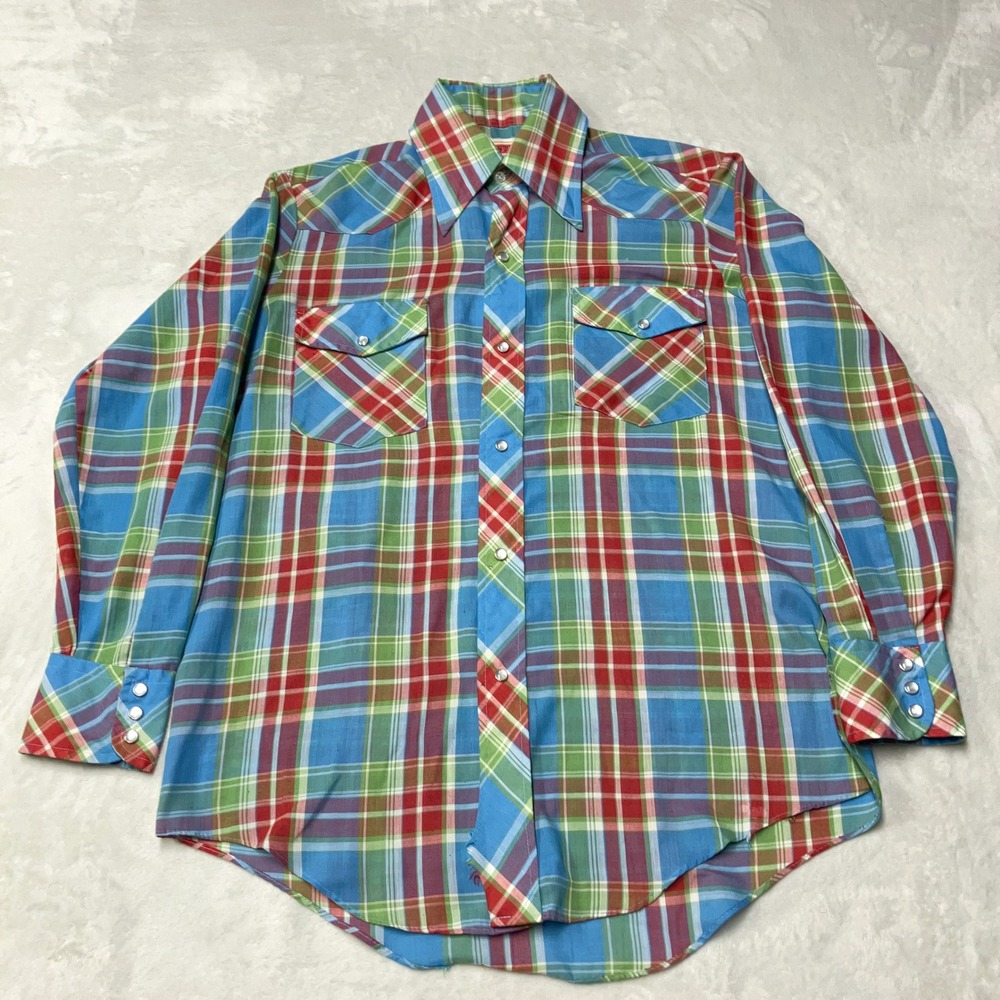 Vintage Western Shirt Pearl Snap Plaid Multi-Color Long Sleeve‎ Korea Mens Large